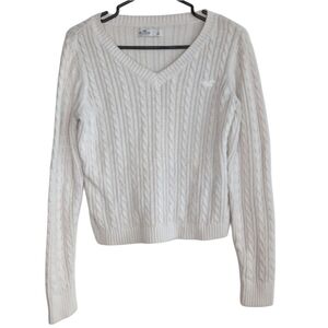 Hollister‎ Women's Large White V-neck Cable Knit Sweater Cropped